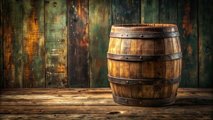 Weathered wooden barrel against a rustic background with a worn old table , decay, antique,  decay, antique, old