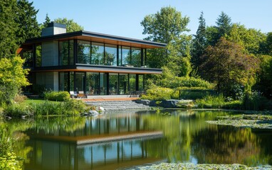 Fototapeta premium A sleek modern house with large glass windows overlooking a tranquil lake, surrounded by lush greenery on a sunny day