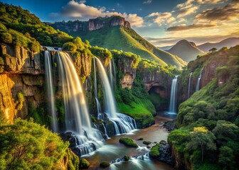 Naklejka premium Long Exposure: Sunlit Minas Gerais Mountains, Lush Forest, Cascading Waterfalls