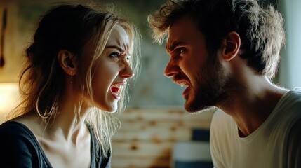 Angry couple having a heated argument at home, capturing intense emotions.