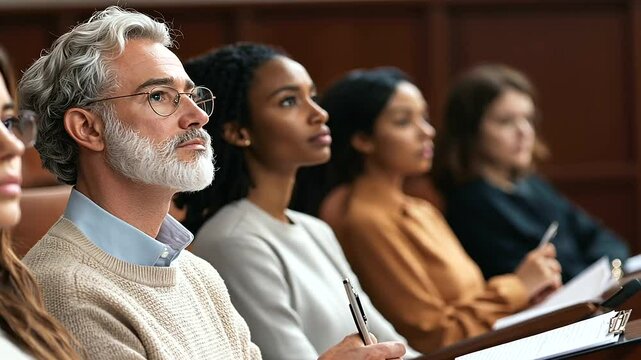 Diverse Jury Members Listening Attentively in Courtroom Setting