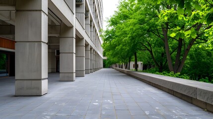 A serene paved walkway leads through a modern concrete building's courtyard, lined with lush green trees and mature foliage.