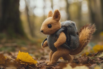 Obraz premium A knitted rabbit with a backpack walks through the forest very close