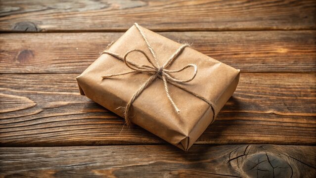 Brown paper parcel with twine wrapped around it on a rustic wooden table