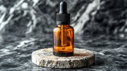 Obraz premium Brown Glass Dropper Bottle Sits on a Circular Stone Pedestal Against a Textured Dark Background With Soft Lighting