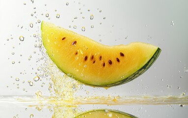 A slice of yellow watermelon floating gently mid-air with juice droplets on a clean white surface