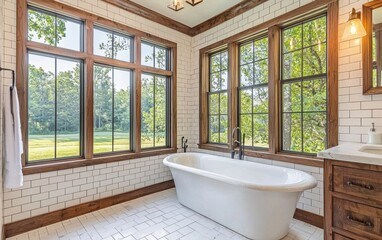 Fototapeta premium A spacious bathroom with white tiles, a freestanding tub, and natural light streaming through large windows