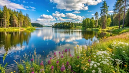 Serene Finnish lake at summer with lush greenery and vibrant wildflowers surrounding it