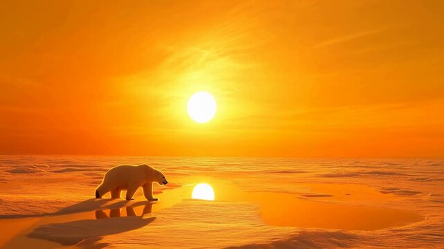 Solitary polar bear on diminishing ice floe at dusk symbolizing climate change challenges

