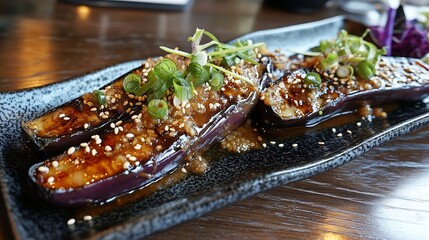 Grilled eggplant halves glazed with sweet miso sauce, topped with toasted sesame seeds and scallions, served on a Japanese style rectangular black plate