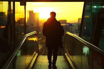 Silhouetted Man Walking on Escalator at Sunset