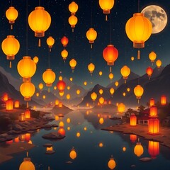 Obraz premium Chinese lanterns floating on the river in the night. 3d rendering Lantern Festival