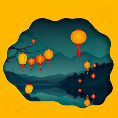 illustration of an background, Paper art style of Chinese lanterns in the sky with mountain background. Lantern Festival