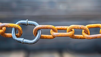 This close-up image showcases a section of a rusty metal chain with a dark gray link connecting to an orange-brown rusty chain.