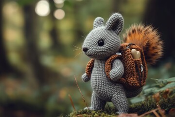knitted squirrel in the forest