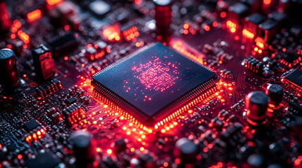 Quantum Computer Chip on Circuit Board Glowing With Intricate Connections and Vibrant Red Lights