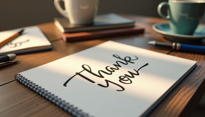 Handwritten "Thank You" note on desk with coffee mug