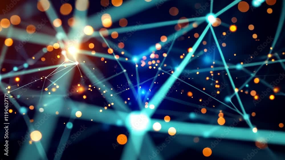 Poster dynamic neon light trails and glowing particles in network motion display