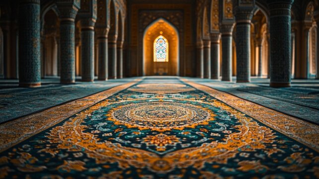 A richly textured Islamic prayer rug with gold accents laid flat, featuring vibrant patterns and a traditional mihrab shape in the center, softly lit to highlight its intricate design.