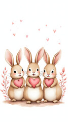 Fototapeta premium Watercolor painting of three bunnies holding pink hearts, surrounded by delicate plants and charming details.