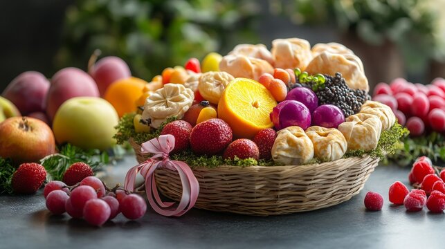 A beautifully wrapped Mishloach Manot gift basket with an assortment of Purim-themed treats like hamantaschen, fruits, and candies, all arranged with care.