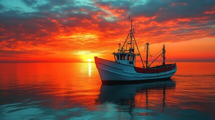 Fototapeta premium Fishing Boat at Sunset: A Serene Coastal Scene