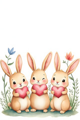 Watercolor painting of three bunnies holding pink hearts, surrounded by delicate plants and charming details.