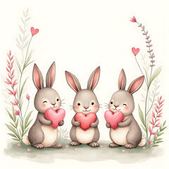 Fototapeta premium Watercolor painting of three bunnies holding pink hearts, surrounded by delicate plants and charming details.