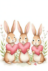 Obraz premium Watercolor painting of three bunnies holding pink hearts, surrounded by delicate plants and charming details.