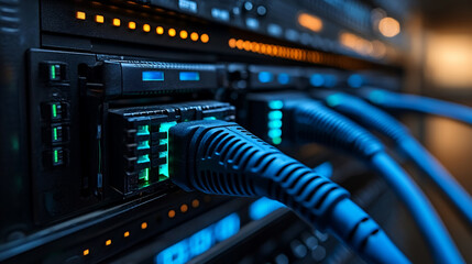 Naklejka premium Quantum Networking Device With Illuminated Data Ports in a Server Setup