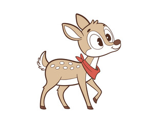 cute cartoon deer with a red scarf around its neck, standing and looking to the side, perfect for children's illustrations or animal-themed designs.