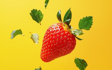 A vibrant red strawberry levitating with leaves spinning mid-air on a bold yellow background