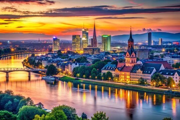 Fototapeta premium Ludwigshafen Germany Skyline at Dusk - Bokeh Lights, Cityscape Panorama