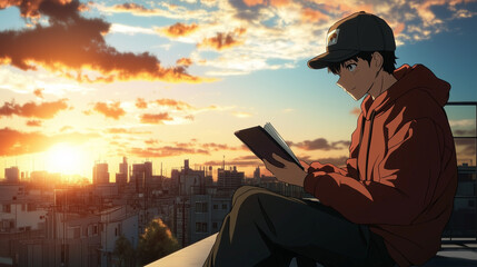 An anime artist sitting on a rooftop at sunset