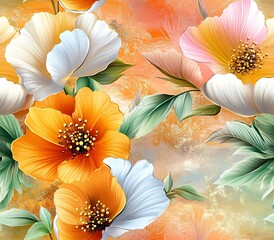 Seamless 3D beautiful oil painting flowers, Beautiful Seamless Oil Painting of Colorful Flowers