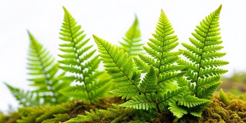 Lush Green Ferns and Moss Isolated on White Background - Stock Photo
