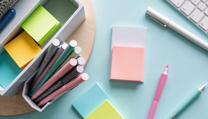 Abstract desk organizer background with colorful pens and sticky notes, minimalism, organized workspace