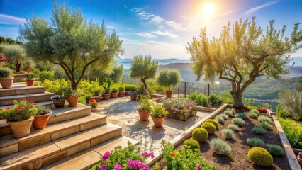Fruchtvolle Terrasse mit Olivenb?umen und bl?henden Kr?utern im Sonnenlicht