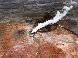 View from above, stunning aerial view of Seltún Geothermal Area. Seltún geothermal area in Krýsuvík is one of the most striking landscapes in Iceland.