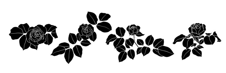 Obraz premium Set of silhouettes, stamps of flowers roses. Simple botanical elements. Vector graphics.