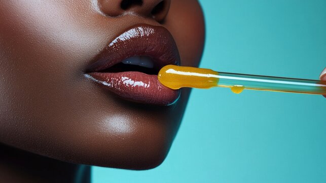 lip balm applicator touching a plumpy transparent glossy serum texture melting on a black woman