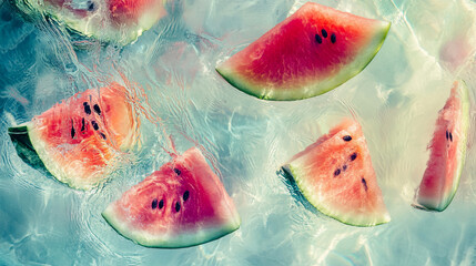Fresh watermelon slices floating in water with rippling waves