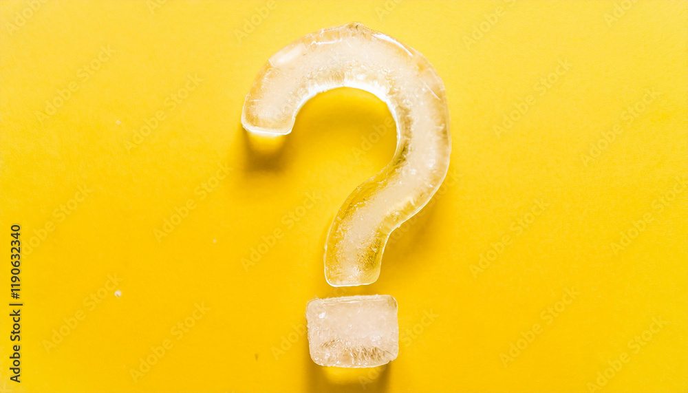 Poster question mark made of ice. faq and qa. problem solution. yellow backdrop.