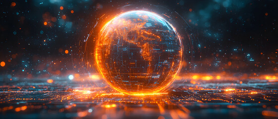 High-tech network Globe with glowing data lines, futuristic energy bursts, intricate design