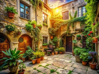 Fototapeta premium Charming Shabby Courtyard in Zagreb, Croatia - Stock Photo