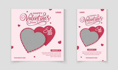 Happy Valentine's Day promotion social media post template design with heart-shaped frame against a pastel pink background
