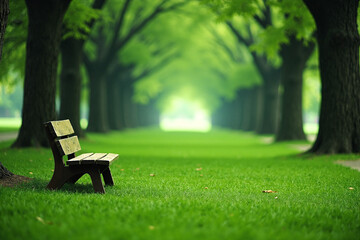 Photograph of a lone wooden bench in a lush, green park with tall trees forming a canopy overhead.