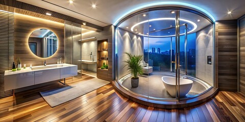 Obraz premium Luxurious Modern Bathroom with Glass Shower, Round LED Mirror, Wooden Floor - Aerial View