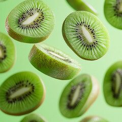 Fototapeta premium Floating fresh kiwi slices on a vibrant green background