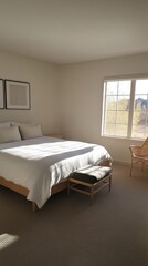 A serene bedroom with warm light and soft shadows adding depth to the perfectly placed furniture